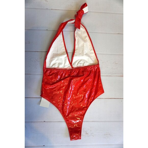 WDIRARA Deep V Neck Sleeveless PU Leather Bodysuit Halter Top – Size S, NWT - Picture 5 of 10